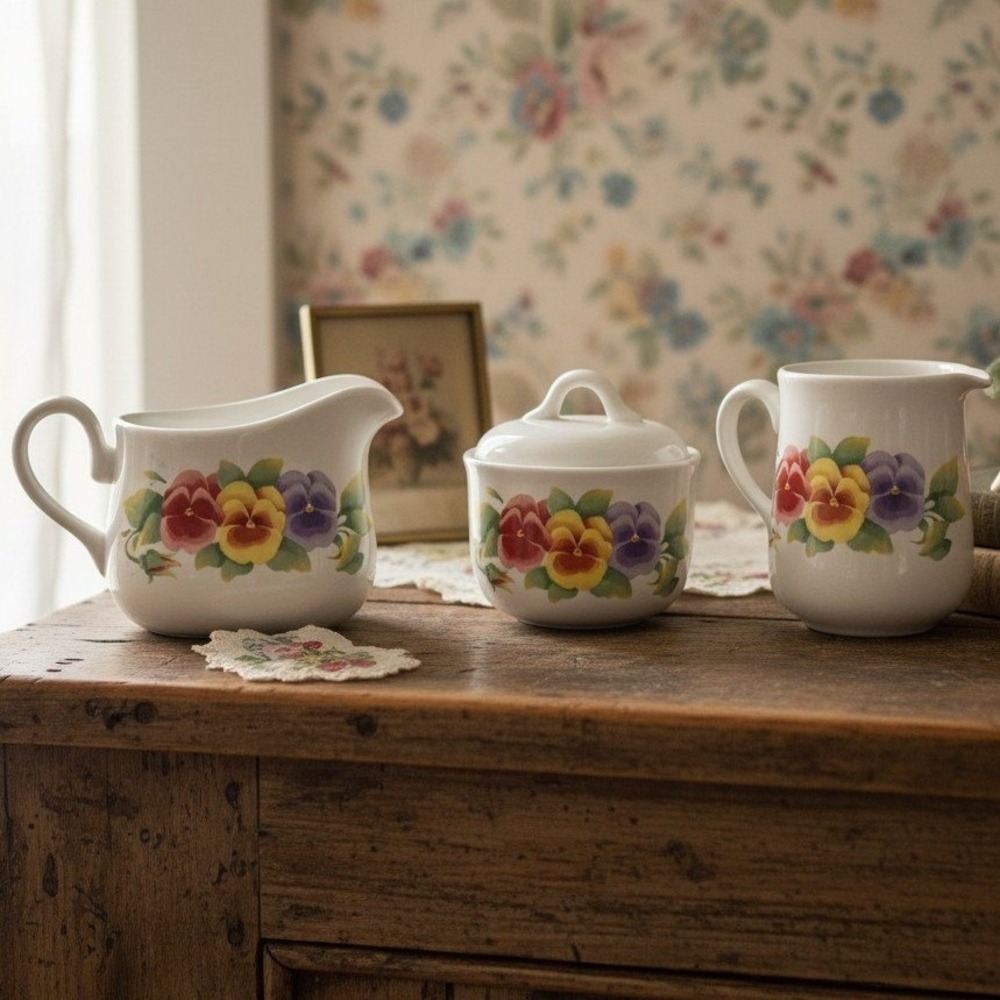 Corelle SUMMER BLUSH Creamer and Lidded Sugar Bowl Pansies Pansy Stoneware NICE